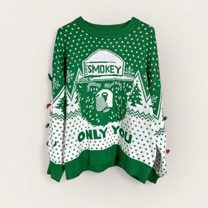 Mens Women Ugly Sweater Christmas Holiday Smokey the Bear Green White Tassel 1x